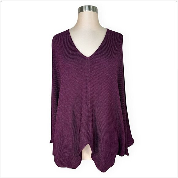 St. John Sweaters - St. John Metallic Plum Berry Shimmer Ribbed Knit Poncho Sweater Oversized Top S